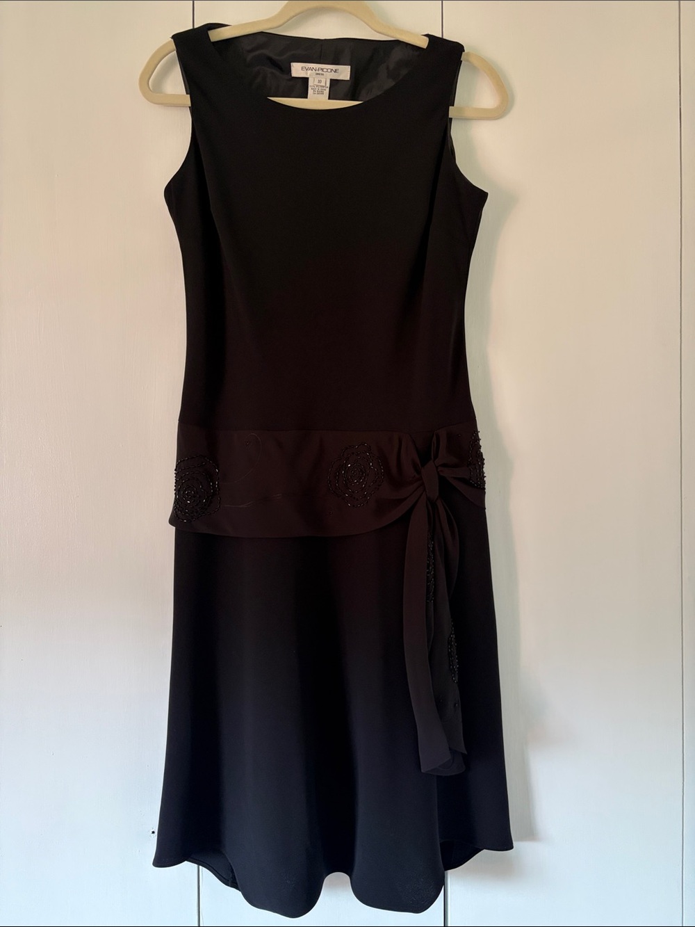Vintage Evan Picone Black Sleeveless Beaded Waist Tie Cocktail Dress Size 10